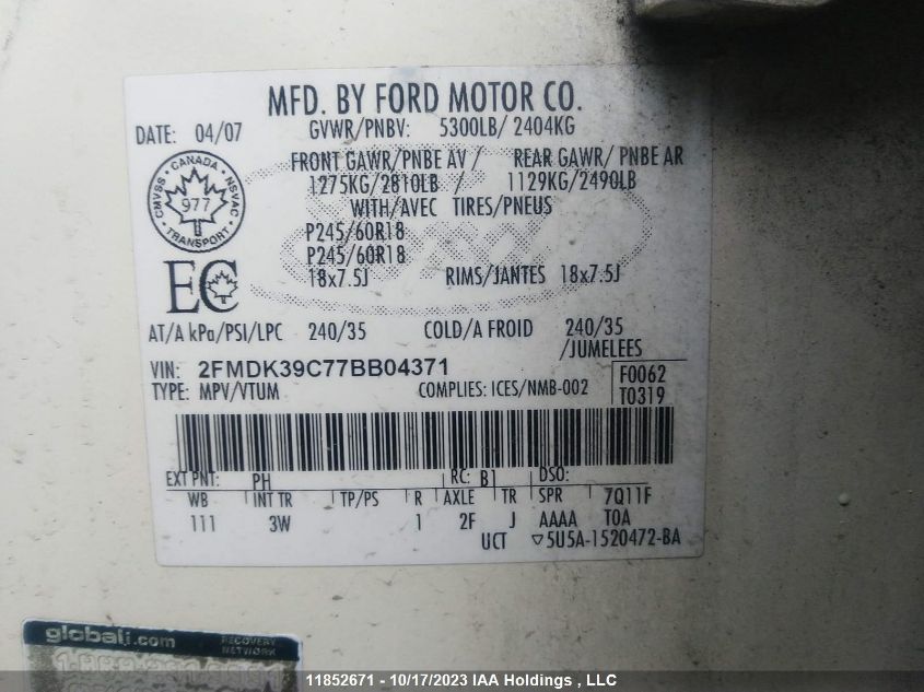 2007 Ford Edge Sel VIN: 2FMDK39C77BB04371 Lot: 11852671