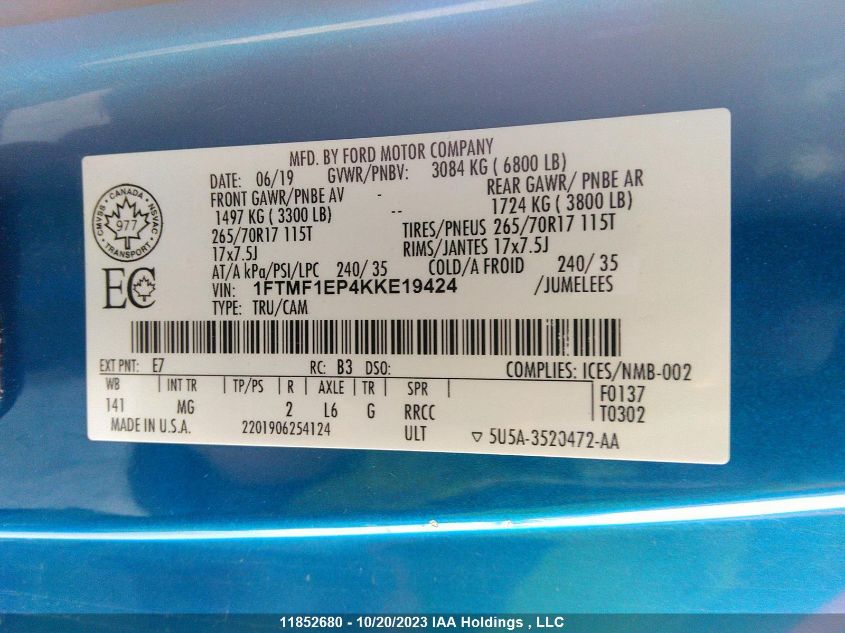 2019 Ford F-150 Xl/Xlt VIN: 1FTMF1EP4KKE19424 Lot: 11852680