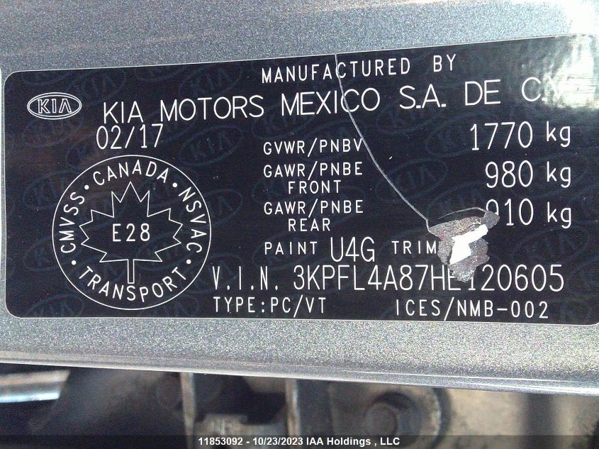 2017 Kia Forte Ex/Ex Luxury/Ex+ VIN: 3KPFL4A87HE120605 Lot: 11853092