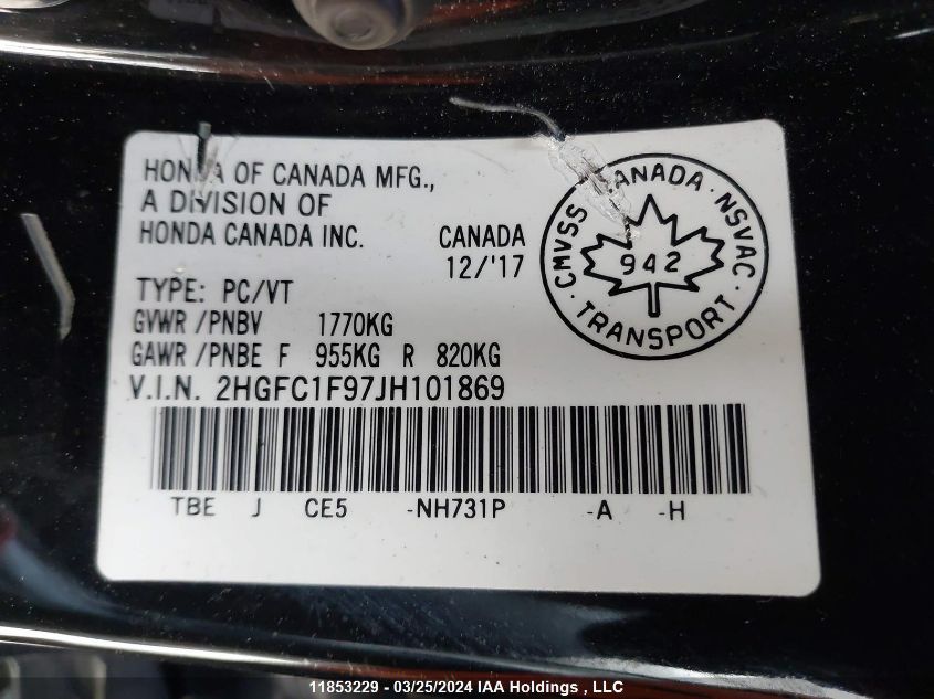 2018 Honda Civic Sedan Touring VIN: 2HGFC1F97JH101869 Lot: 11853229