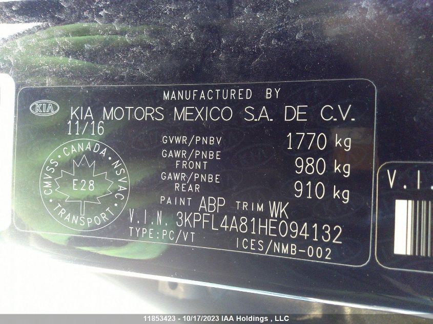 2017 Kia Forte Ex/Ex Luxury/Ex+ VIN: 3KPFL4A81HE094132 Lot: 11853423