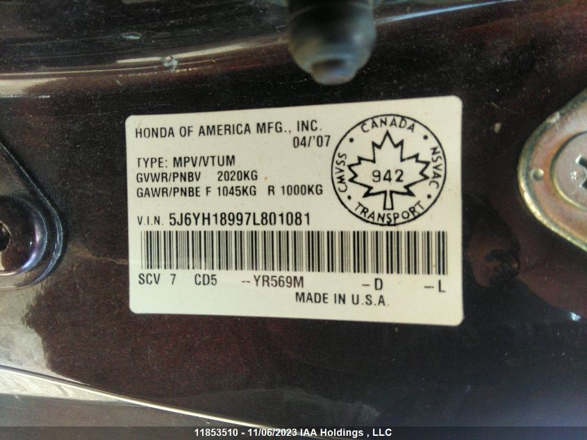 2007 Honda Element Sc VIN: 5J6YH18997L801081 Lot: 11853510