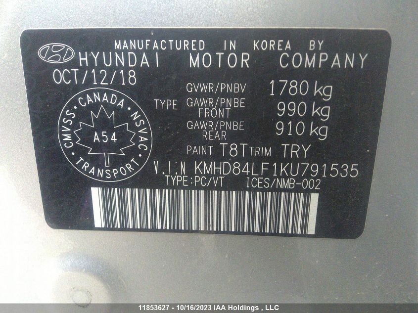 2019 Hyundai Elantra Preferred VIN: KMHD84LF1KU791535 Lot: 11853627