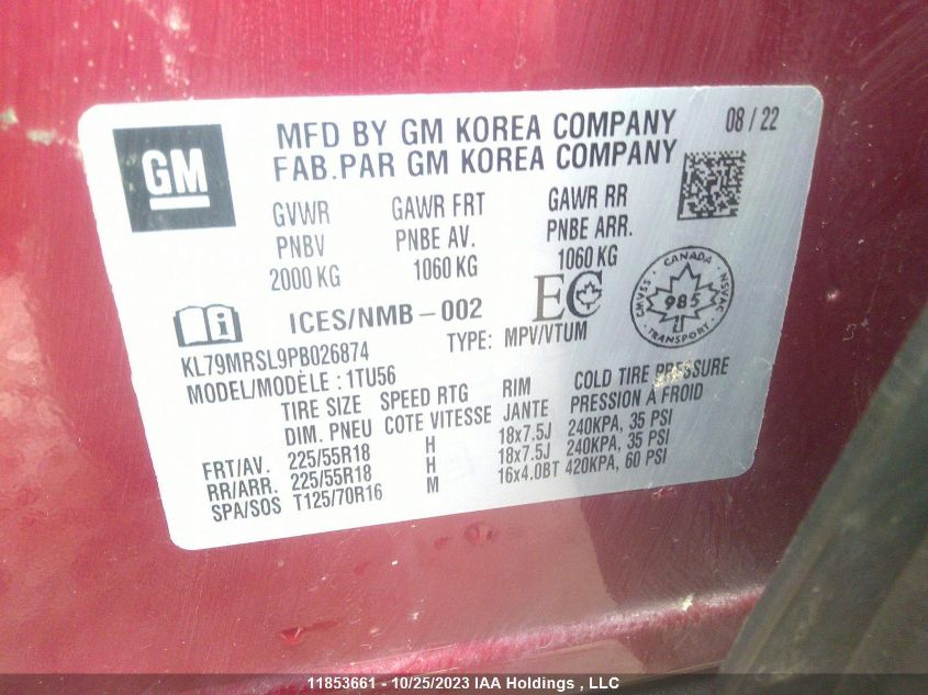 2023 Chevrolet Trailblazer Lt VIN: KL79MRSL9PB026874 Lot: 11853661