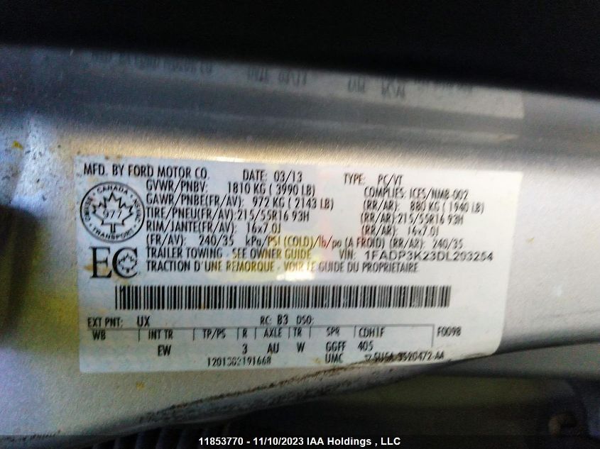 2013 Ford Focus VIN: 1FADP3K23DL293254 Lot: 11853770