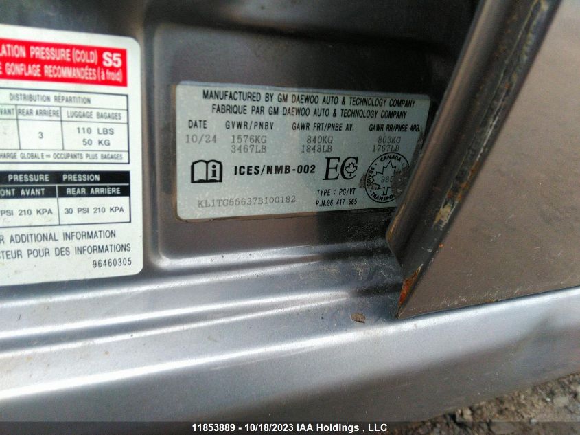 2007 Chevrolet Aveo Lt VIN: KL1TG55637B100182 Lot: 11853889