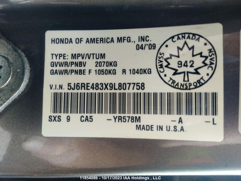 2009 Honda Cr-V VIN: 5J6RE483X9L807758 Lot: 11854086