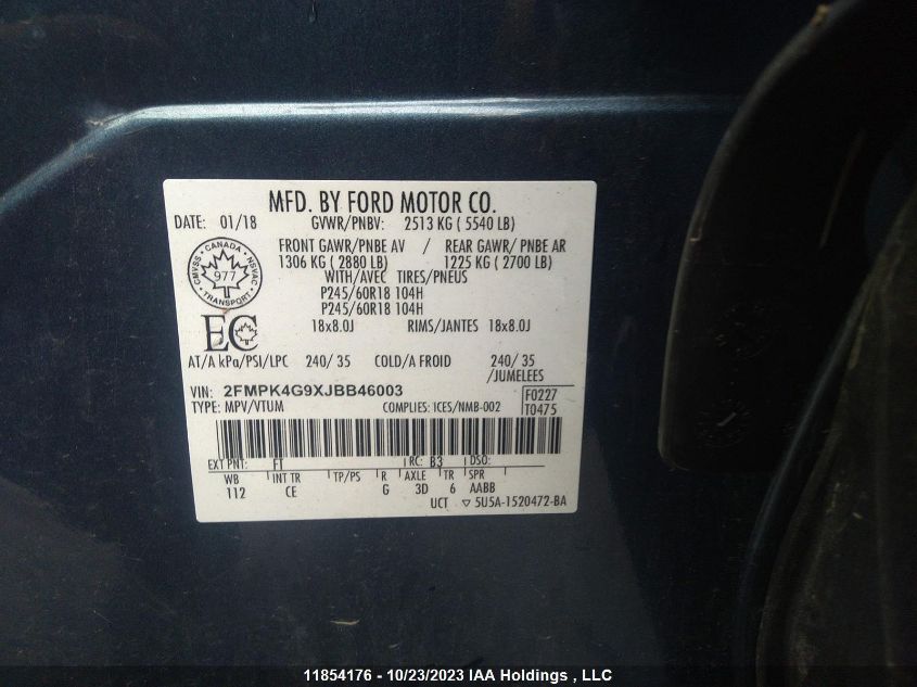 2018 Ford Edge Se VIN: 2FMPK4G9XJBB46003 Lot: 11854176