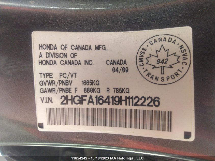 2009 Honda Civic VIN: 2HGFA16419H112226 Lot: 11854242