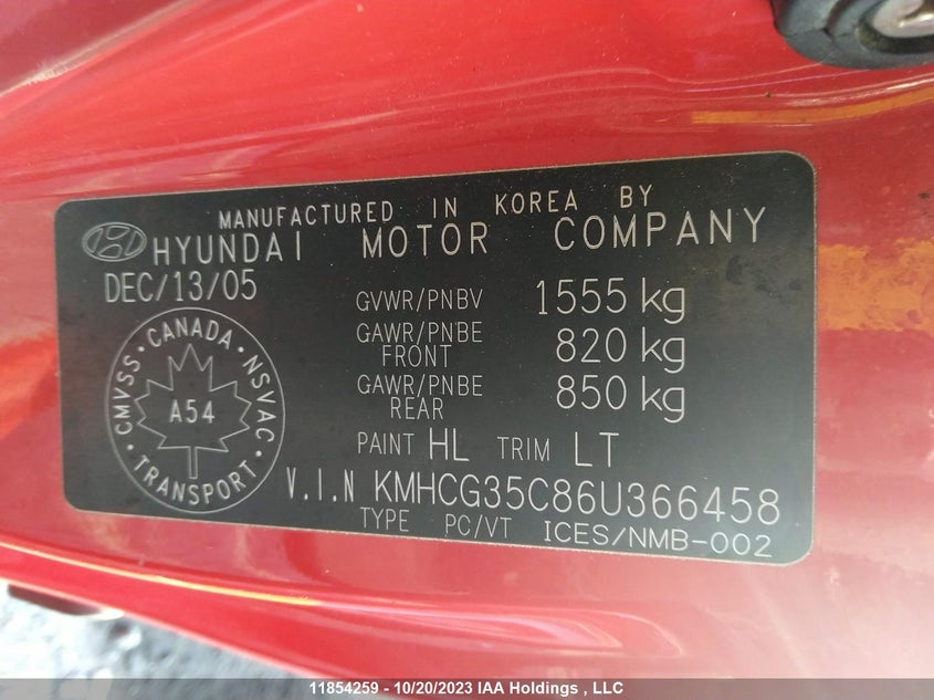 2006 Hyundai Accent Gs/Gs W/Comfort Pkg/Gsi VIN: KMHCG35C86U366458 Lot: 11854259