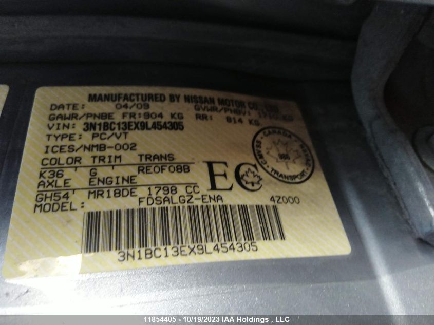 2009 Nissan Versa 1.8 Sl Fe+ VIN: 3N1BC13EX9L454305 Lot: 11854405