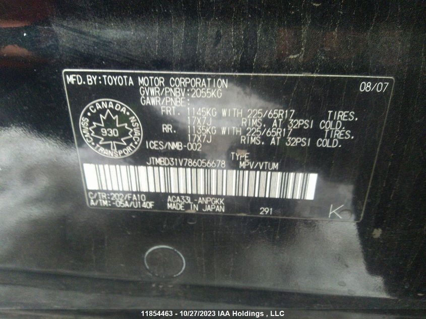 2008 Toyota Rav4 Limited VIN: JTMBD31V786056678 Lot: 11854463