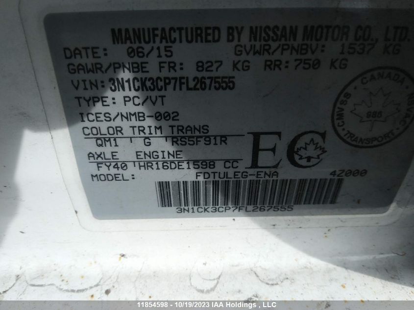 2015 Nissan Micra S/Sv/Sr VIN: 3N1CK3CP7FL267555 Lot: 11854598