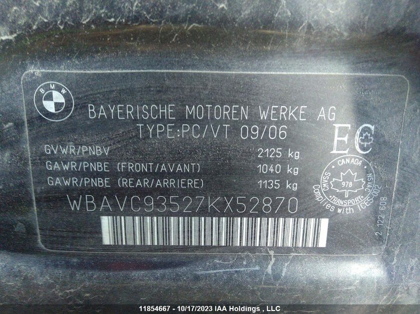 2007 BMW 3 Series 328Xi VIN: WBAVC93527KX52870 Lot: 11854667