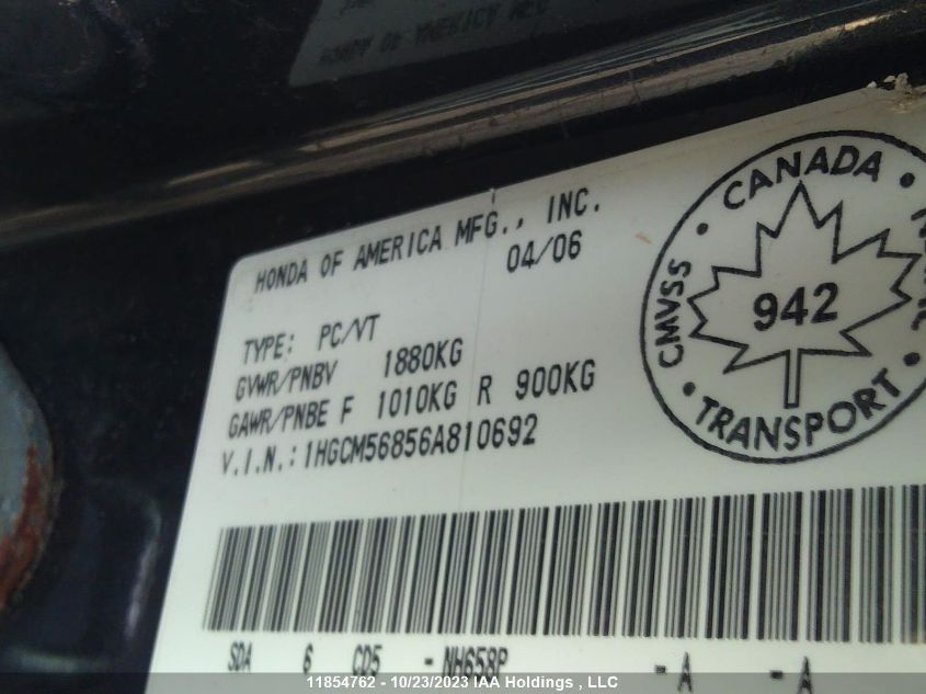 2006 Honda Accord Sdn Ex-L VIN: 1HGCM56856A810692 Lot: 11854762