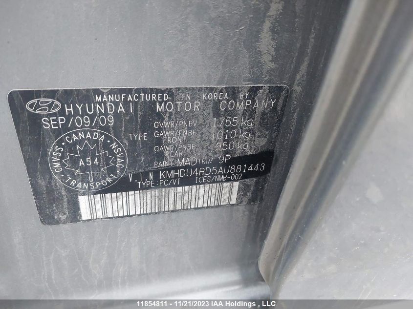 2010 Hyundai Elantra Gl VIN: KMHDU4BD5AU881443 Lot: 11854811