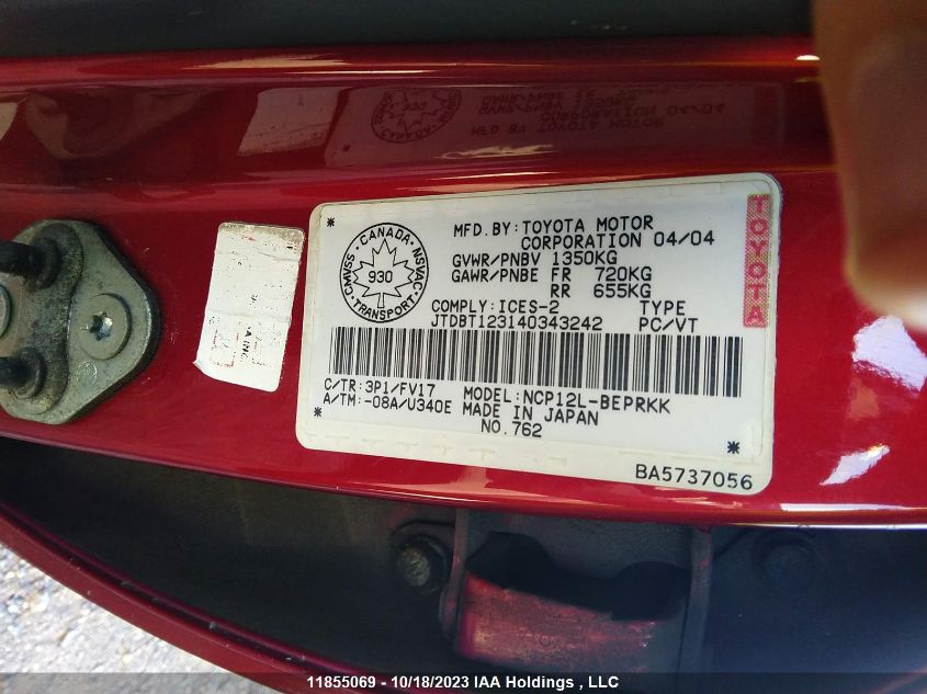 2004 Toyota Echo VIN: JTDBT123140343242 Lot: 11855069