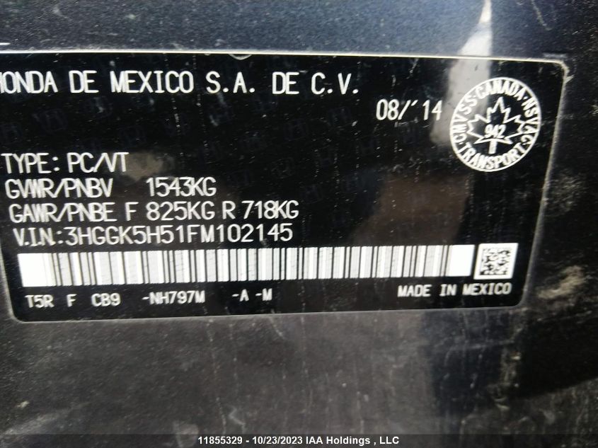 2015 Honda Fit Lx VIN: 3HGGK5H51FM102145 Lot: 11855329