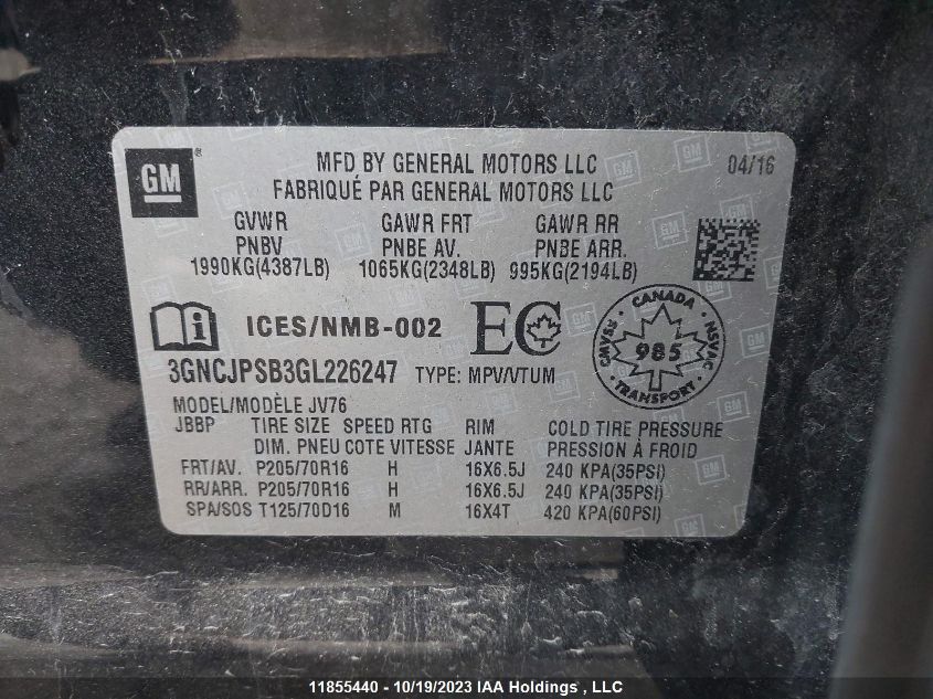 2016 Chevrolet Trax Lt VIN: 3GNCJPSB3GL226247 Lot: 11855440