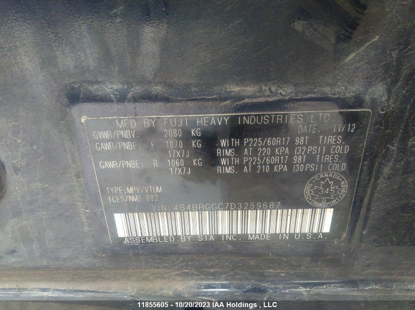 2013 Subaru Outback 2.5I Touring VIN: 4S4BRGGC7D3259687 Lot: 11855605