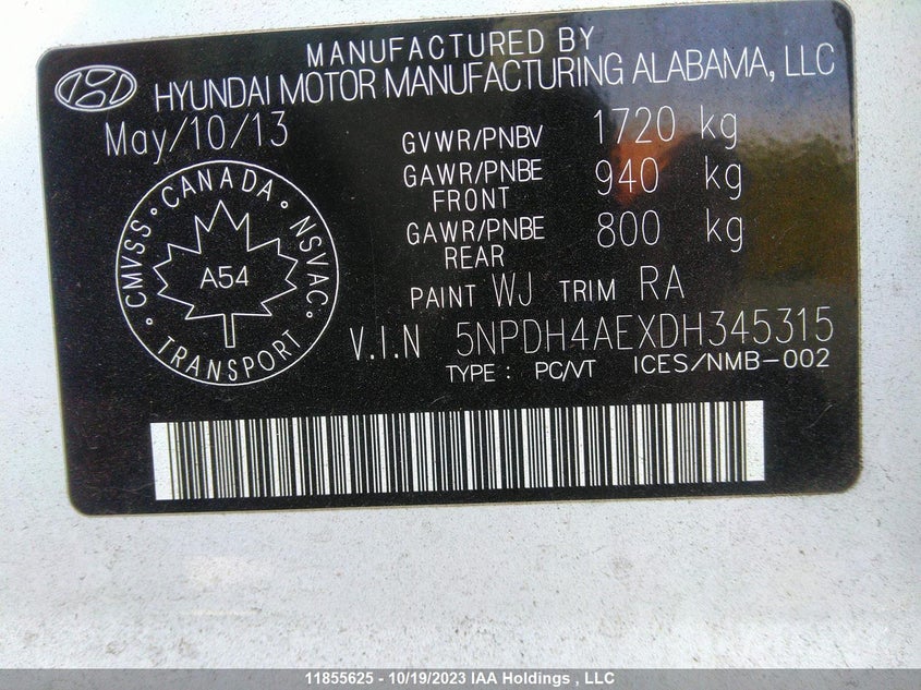 2013 Hyundai Elantra Gl VIN: 5NPDH4AEXDH345315 Lot: 11855625