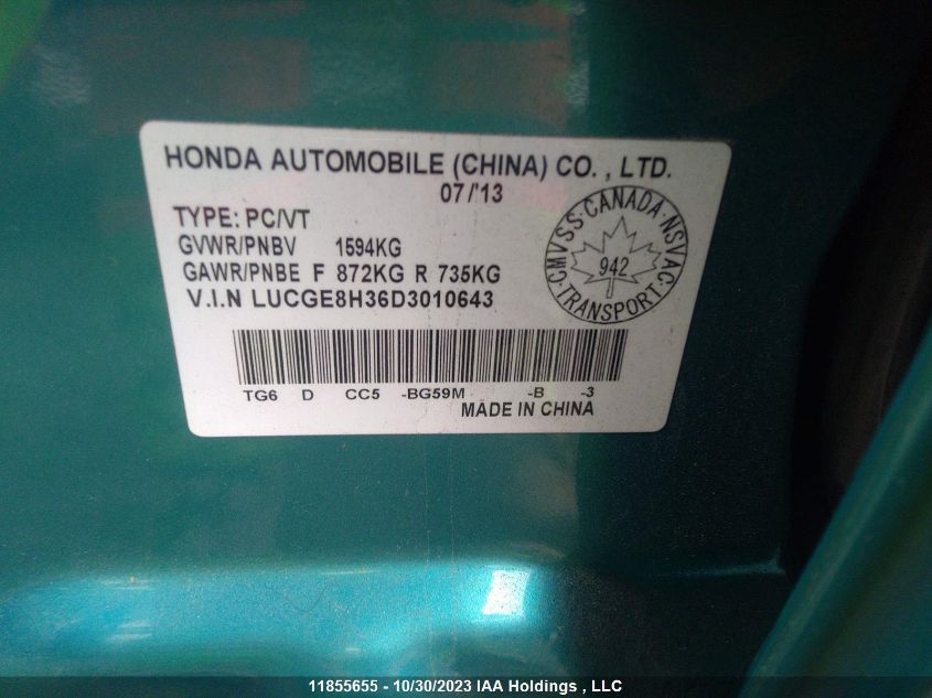 2013 Honda Fit Dx-A VIN: LUCGE8H36D3010643 Lot: 11855655