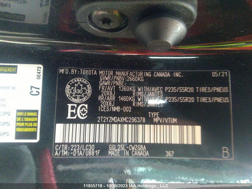 2021 Lexus Rx Rx 350 VIN: 2T2YZMDAXMC296378 Lot: 11855718