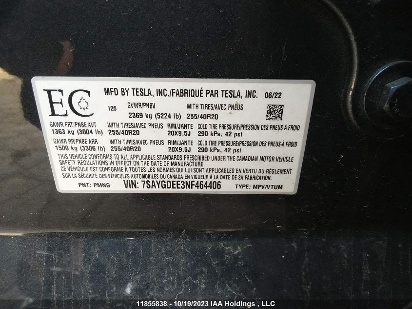 2022 Tesla Model Y Long Range VIN: 7SAYGDEE3NF464406 Lot: 11855838