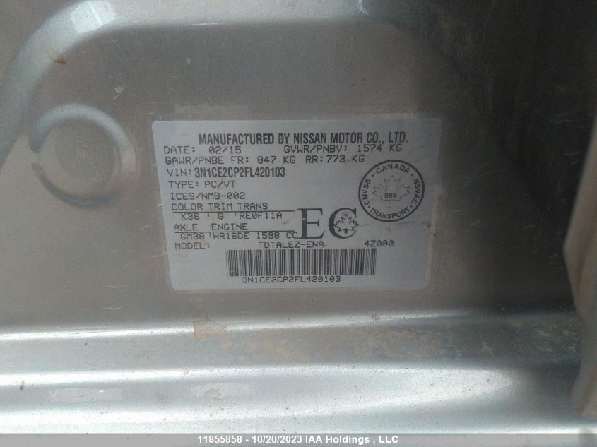 2015 Nissan Versa Note S/Sv/Sl/Sr VIN: 3N1CE2CP2FL420103 Lot: 11855858