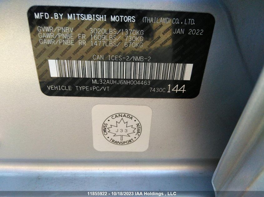 2022 Mitsubishi Mirage Es/Se/Carbon Edition VIN: ML32AUHJ6NH004463 Lot: 11855922