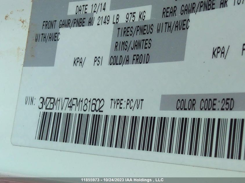 2015 Mazda Mazda3 Gs VIN: 3MZBM1V74FM181602 Lot: 11855973