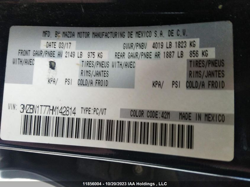 2017 Mazda Mazda3 Se VIN: 3MZBN1T77HM142814 Lot: 11856004