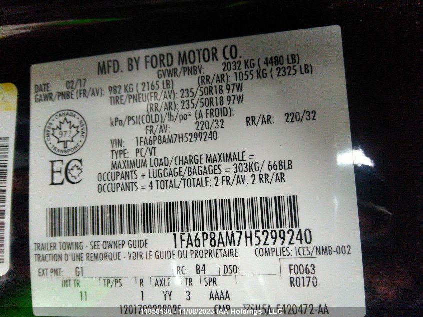 2017 Ford Mustang V6 VIN: 1FA6P8AM7H5299240 Lot: 11856538