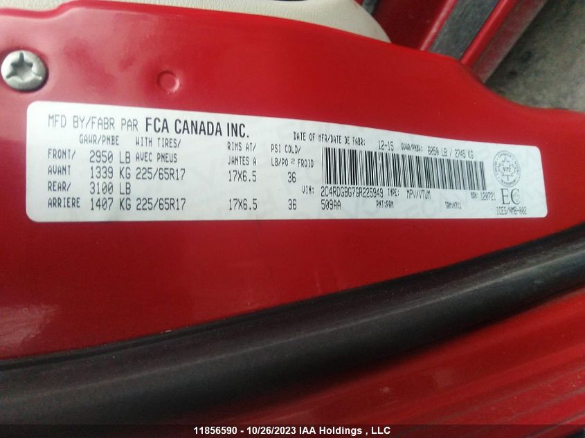 2016 Dodge Grand Caravan Canada Value Package VIN: 2C4RDGBG7GR225949 Lot: 11856590