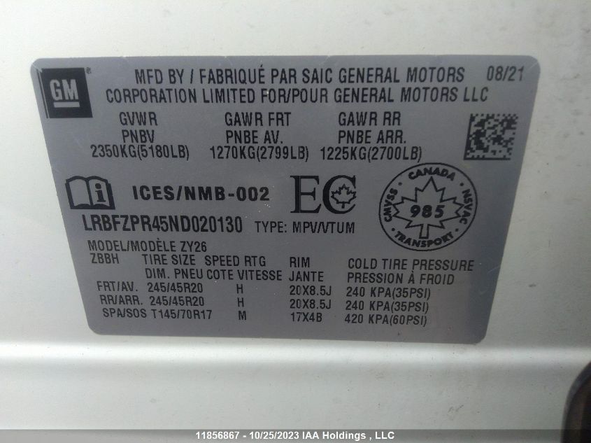 2022 Buick Envision Essence VIN: LRBFZPR45ND020130 Lot: 11856867