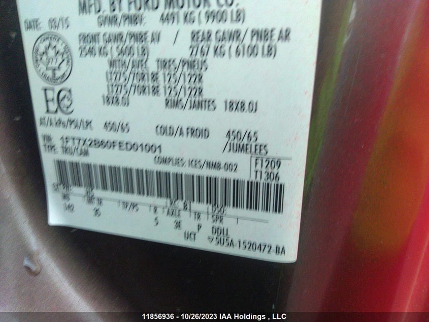 2015 Ford Super Duty F-250 Srw Lariat/Xl/Xlt VIN: 1FT7X2B60FED01001 Lot: 11856936