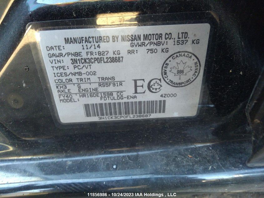 2015 Nissan Micra S/Sv/Sr VIN: 3N1CK3CP0FL238687 Lot: 11856986