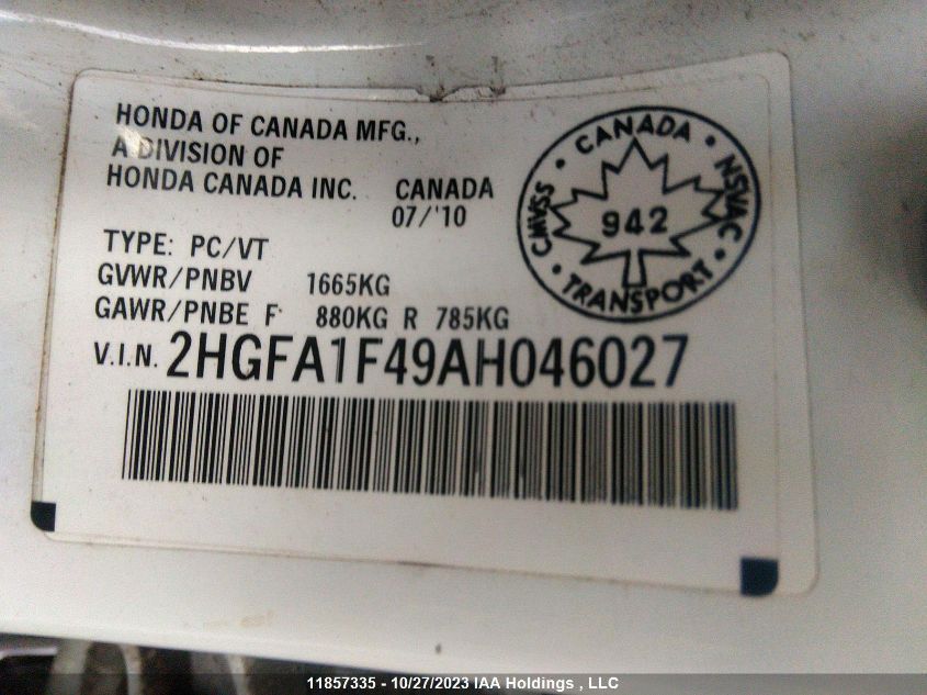 2010 Honda Civic Sdn Dx-G VIN: 2HGFA1F49AH046027 Lot: 11857335