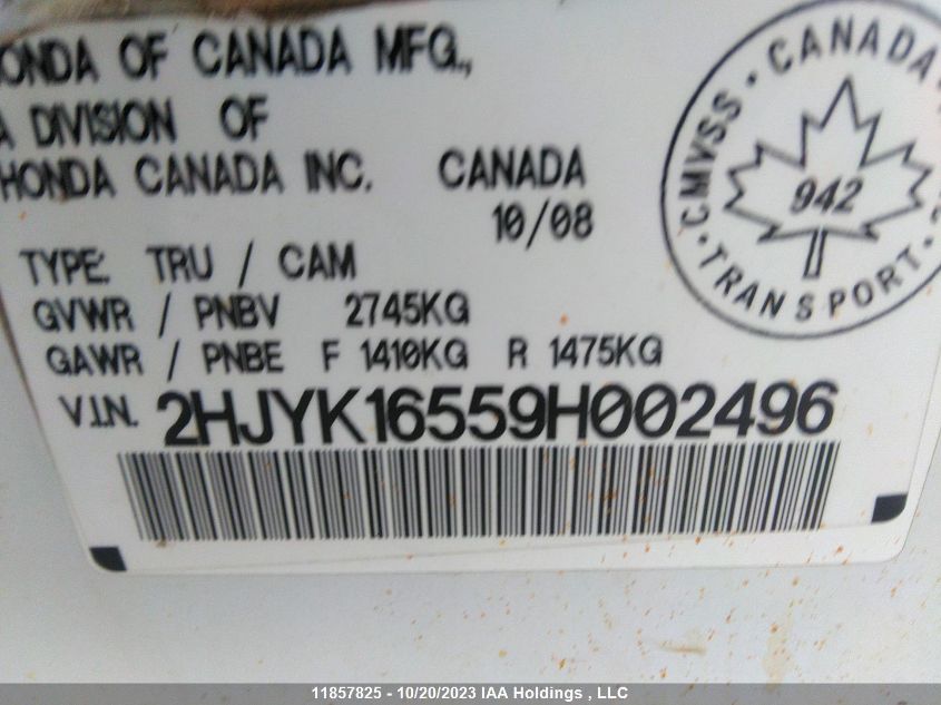 2009 Honda Ridgeline Vp/Ex-L VIN: 2HJYK16559H002496 Lot: 11857825