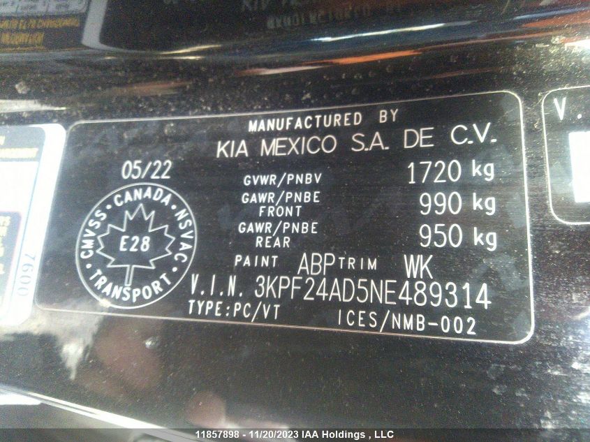 2022 Kia Forte Lx VIN: 3KPF24AD5NE489314 Lot: 11857898