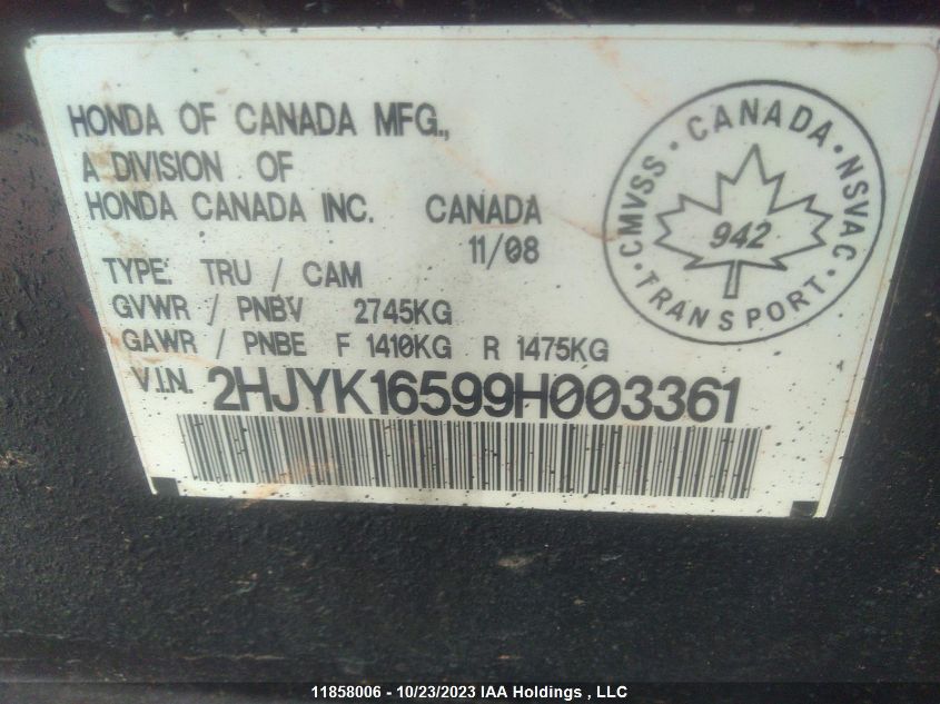 2009 Honda Ridgeline Vp/Ex-L VIN: 2HJYK16599H003361 Lot: 11858006