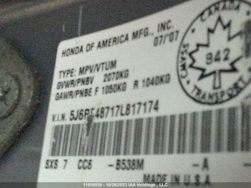 2007 Honda Cr-V Ex-L VIN: 5J6RE48717L817174 Lot: 11858029
