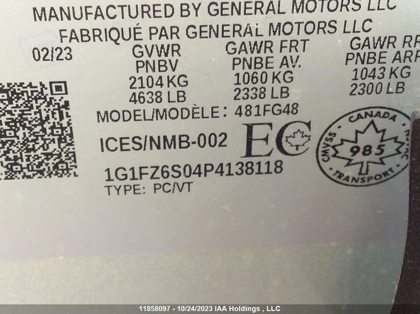 2023 Chevrolet Bolt Euv Premier VIN: 1G1FZ6S04P4138118 Lot: 11858097