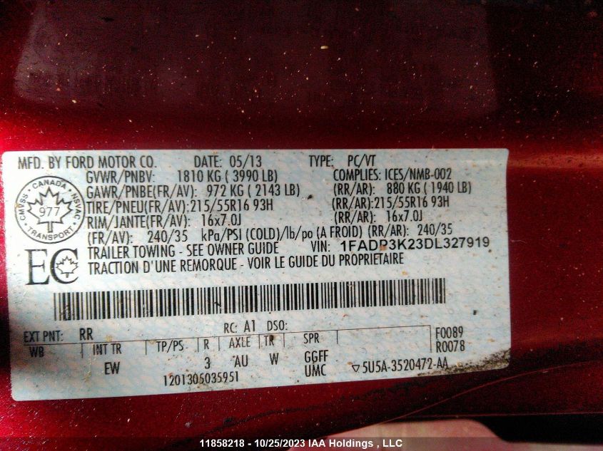 2013 Ford Focus Se VIN: 1FADP3K23DL327919 Lot: 11858218