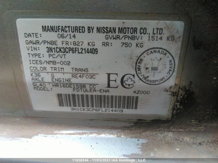 2015 Nissan Micra S/Sv/Sr VIN: 3N1CK3CP6FL214409 Lot: 11858244