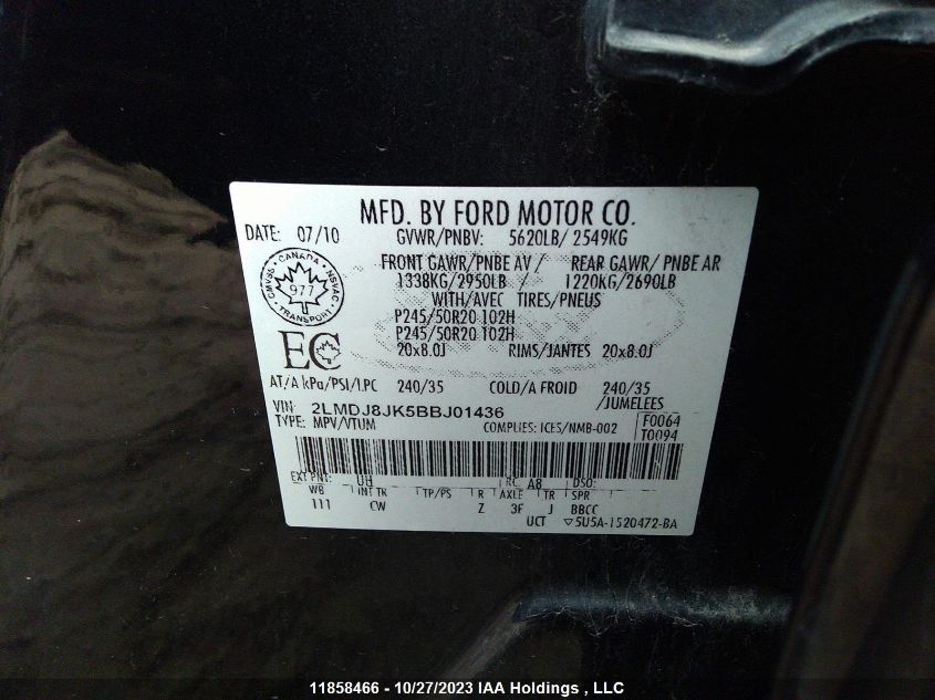 2011 Lincoln Mkx VIN: 2LMDJ8JK5BBJ01436 Lot: 11858466