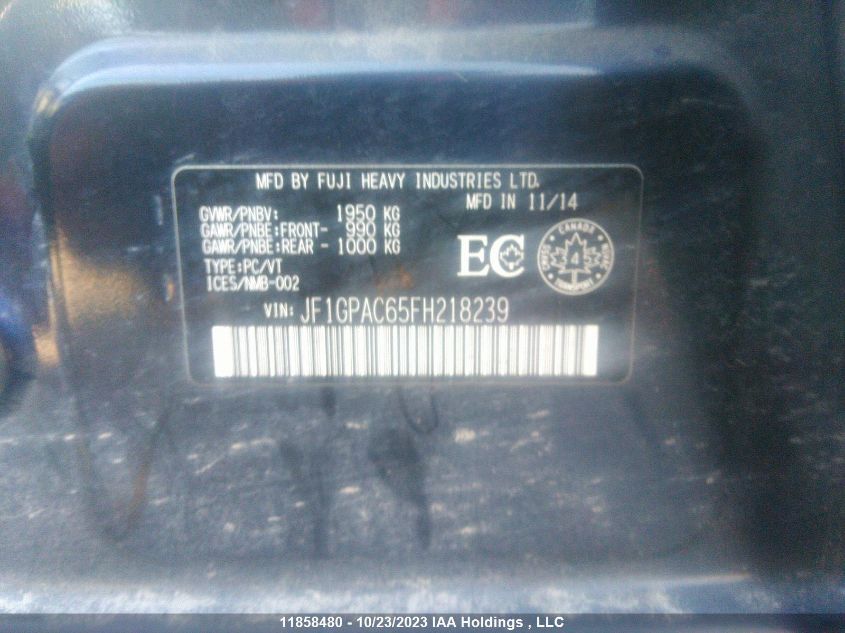 2015 Subaru Impreza VIN: JF1GPAC65FH218239 Lot: 11858480