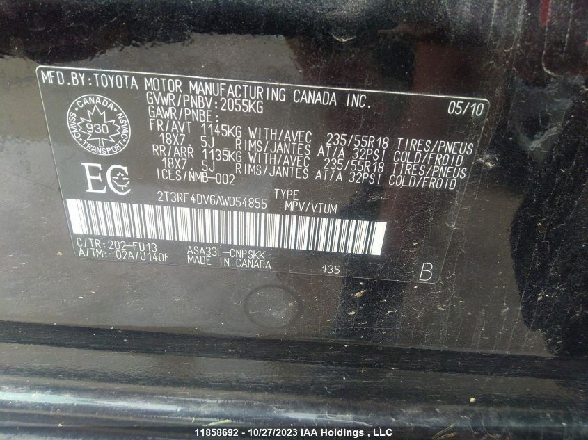 2010 Toyota Rav4 Sport VIN: 2T3RF4DV6AW054855 Lot: 11858692