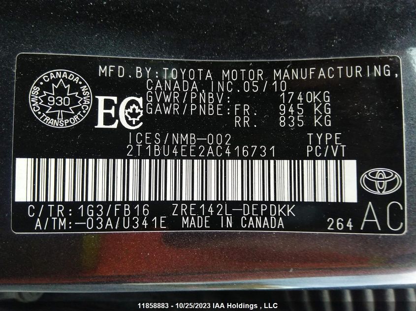 2010 Toyota Corolla VIN: 2T1BU4EE2AC416731 Lot: 11858883