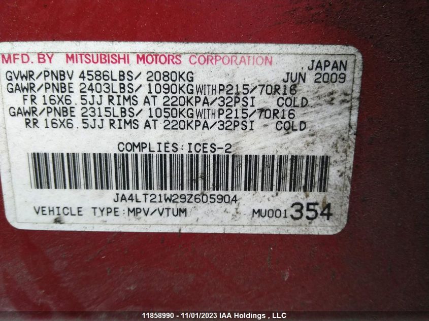 2009 Mitsubishi Outlander Es VIN: JA4LT21W29Z605904 Lot: 11858990